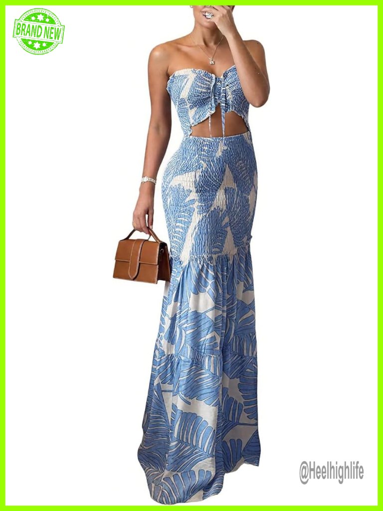 Floral Printed Ruched Mermaid Halter Dress Ruffle Hem Party Wedding Guest